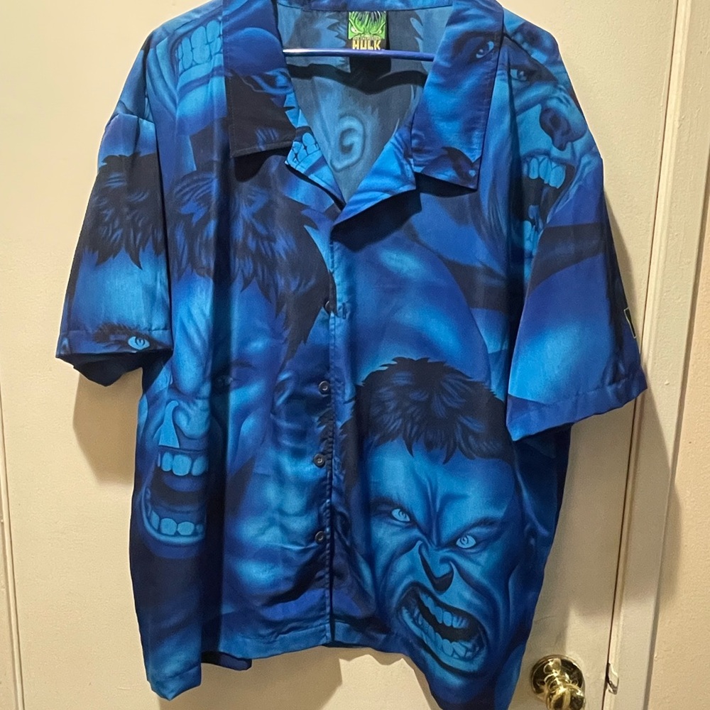 Vintage Incredible Hulk Marvel Comics Blue All Over Print Button Shirt Men’s EL